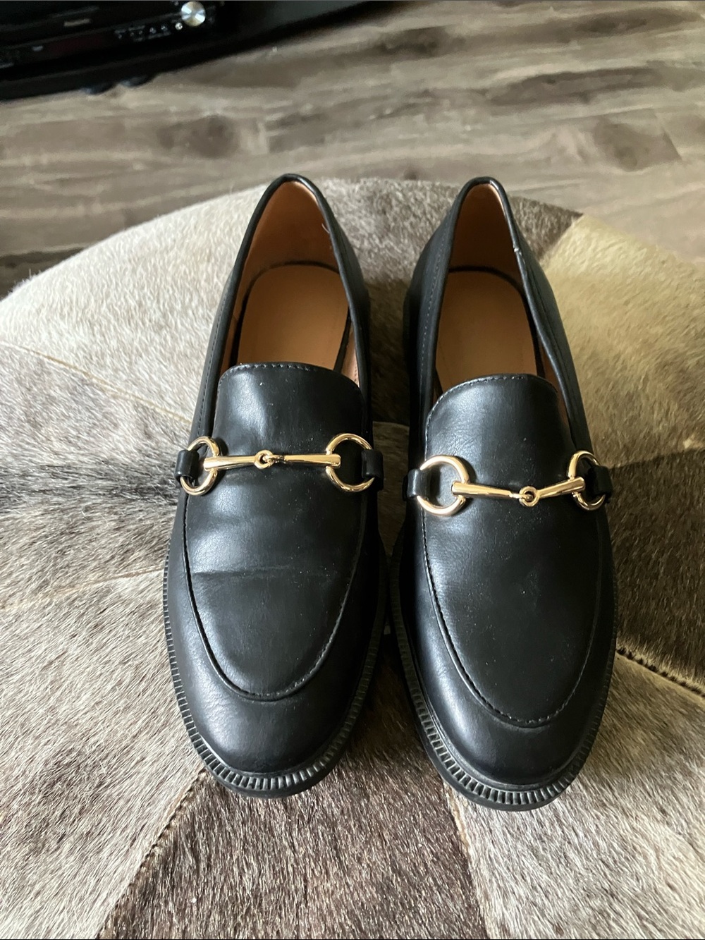 H&M Black Leather Loafers with Gold Bit Detail